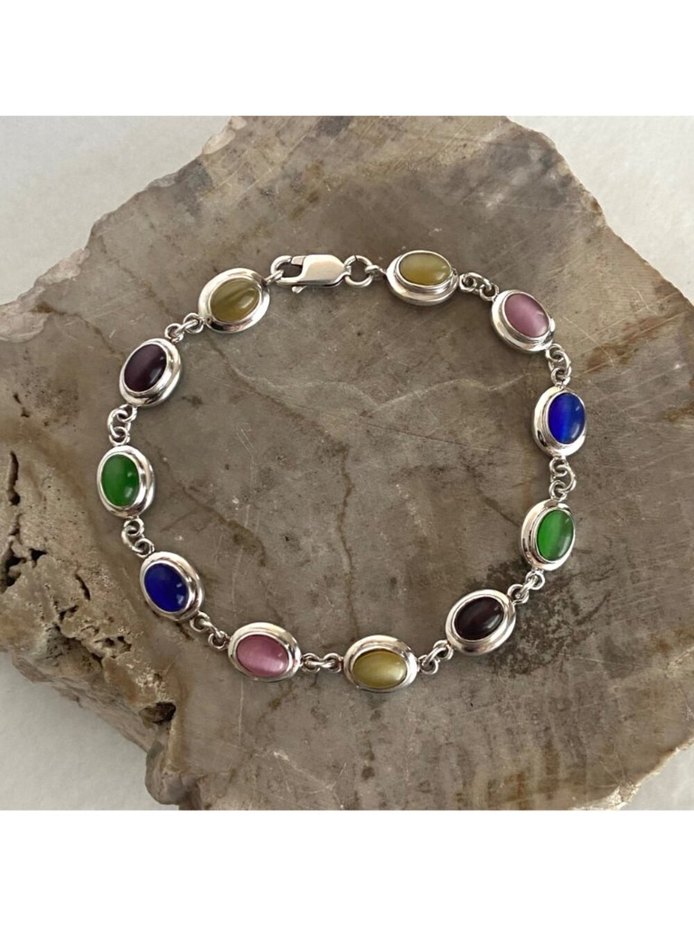 Sterling Silver 925 Multi Colored Oval Cats Eye Link Station Bracelet Sz 7.75" - Picture 16 of 16